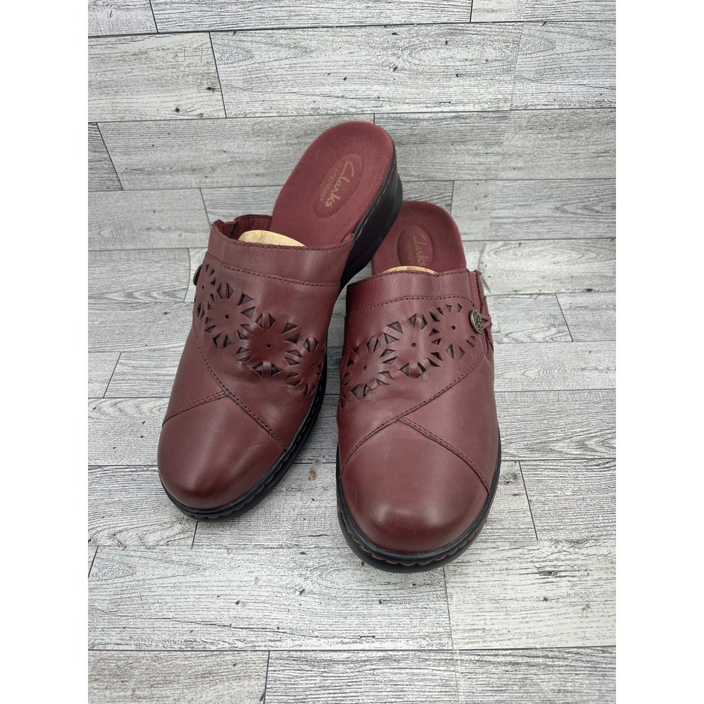Clarks Bendables Burgundy Leather Laser Cut Floral‎ Mules Shoes Women Size 11M